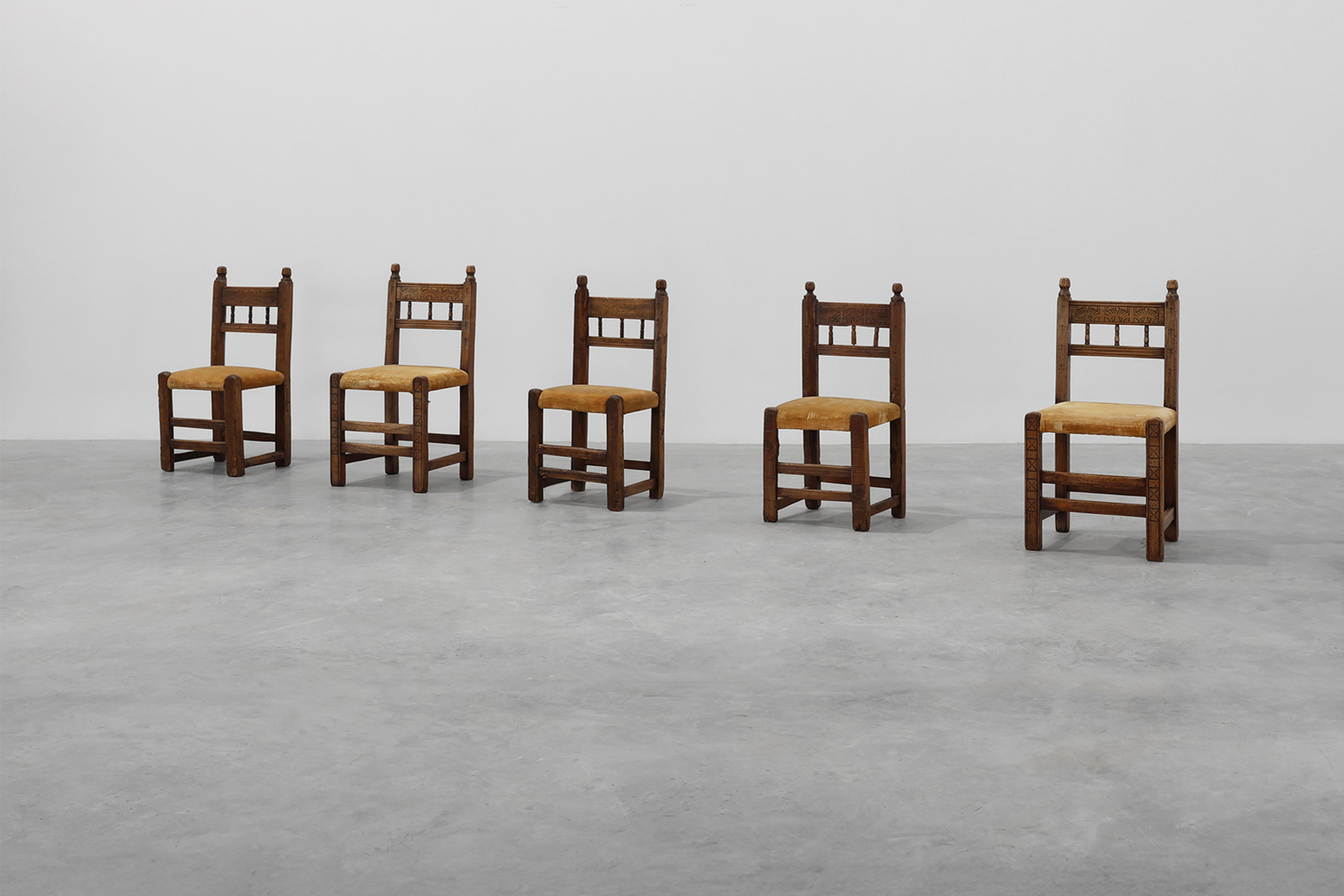 Five 19th Century Spanish Hand-Carved oak Side Chairs with Velour Seatthumbnail